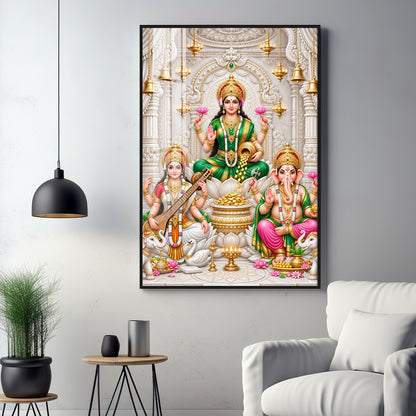 Maa Laxmi Saraswati Ganesha Premium Acrylic Vertical Wall Art