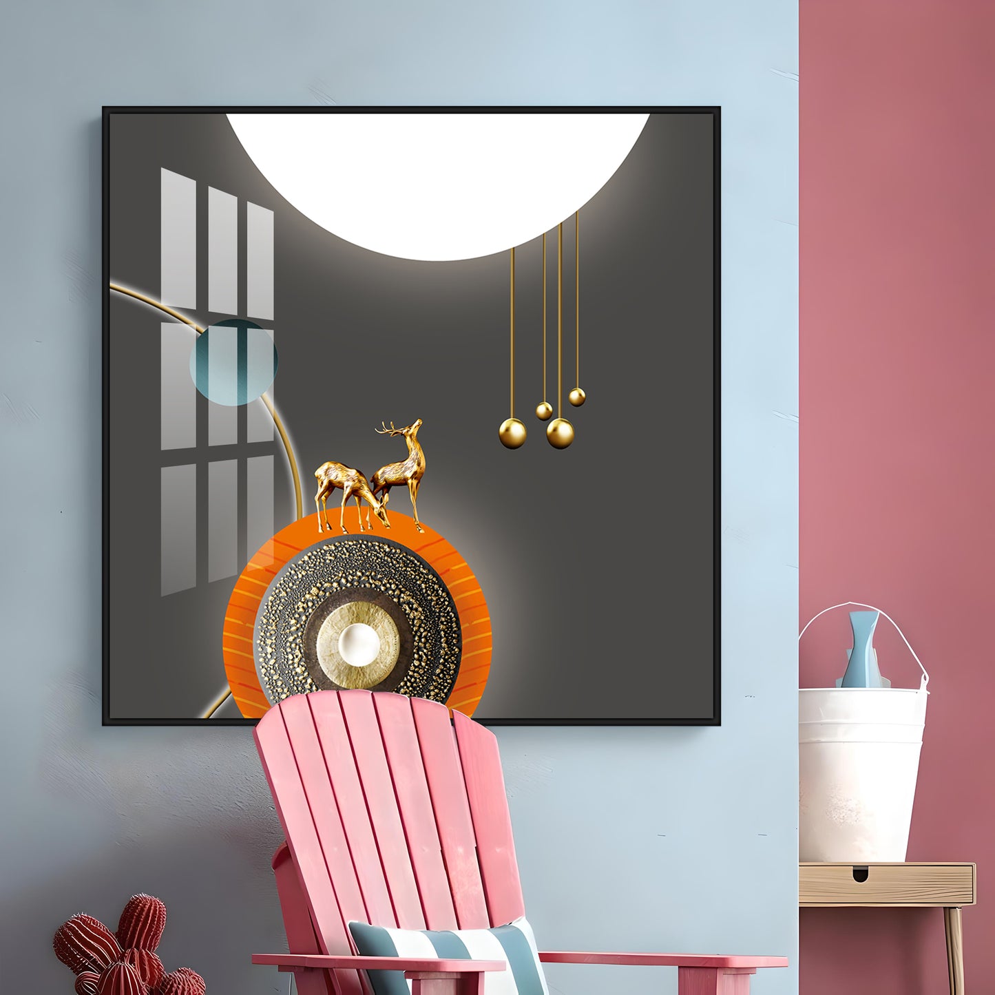 Golden Deer White & Gold Toned Design Premium Acrylic Square Wall Art