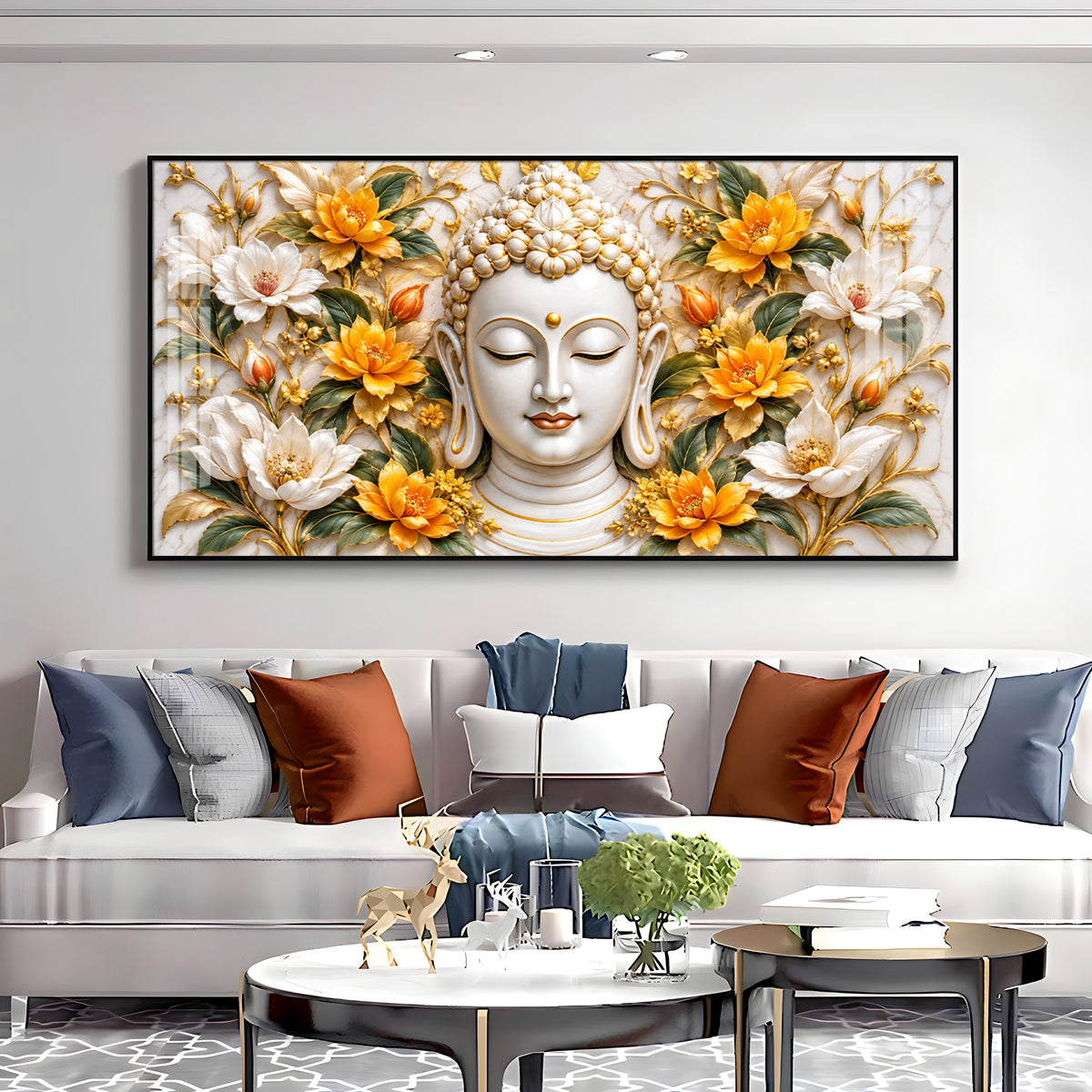 Buddha With Golden White Blossom Premium Acrylic Horizontal Wall Art