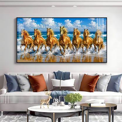 Seven Golden Horses In Ocean Premium Acrylic Horizontal Wall Art