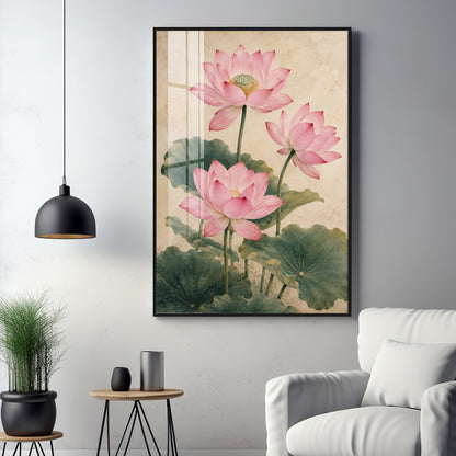 Elegant Vintage Botanical Pink Lotus Premium Acrylic Vertical Wall Art