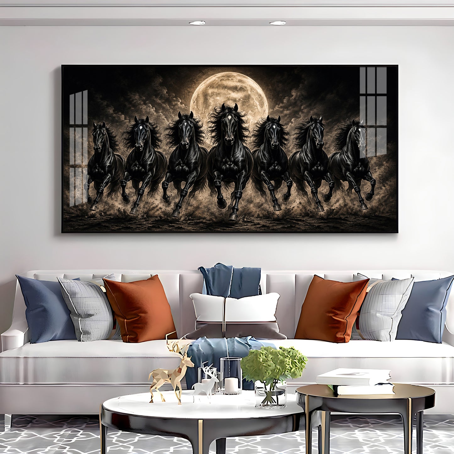 Seven Black Horses Full Moon Premium Acrylic Horizontal Wall Art