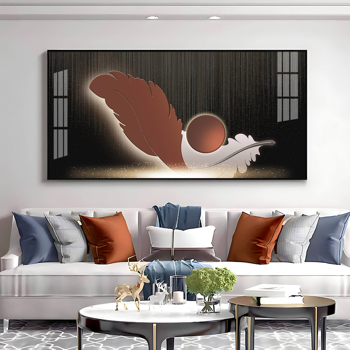 Feathers With Circle Design Premium Acrylic Horizontal Wall Art
