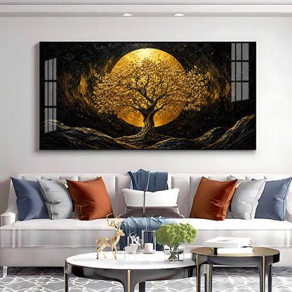 Golden Tree & Full Moon Premium Acrylic Horizontal Wall Art