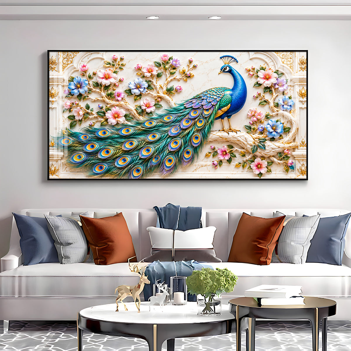 Majestic Peacock Floral Premium Acrylic Horizontal Wall Art