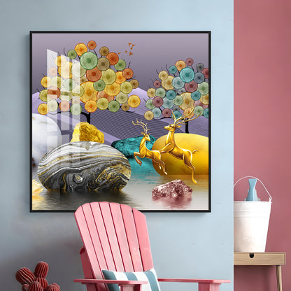 Modern Colorful Background With Golden Deer Premium Acrylic Square Wall Art