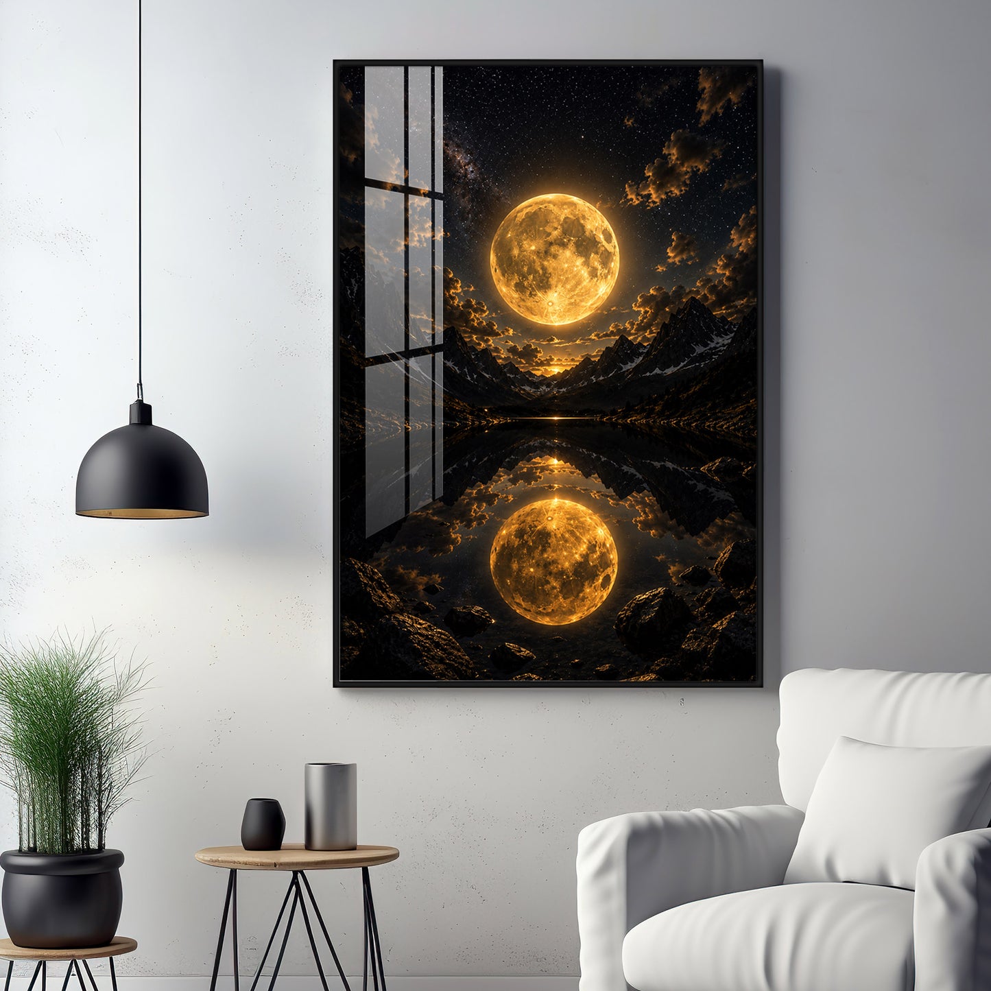 Luminous Supermoon & Mountain Lake Reflection Premium Acrylic Vertical Wall Art