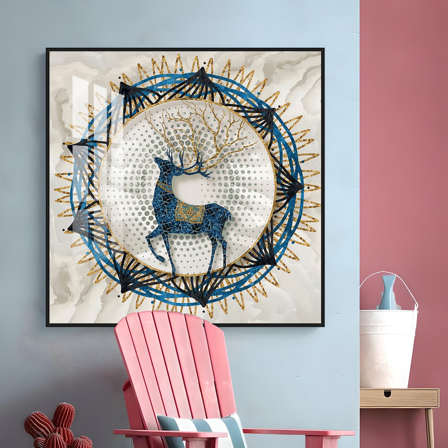 Blue Deer With White Background Premium Acrylic Square Wall Art