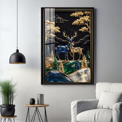 Pair Of Golden & Blue Deer Premium Acrylic Vertical Wall Art