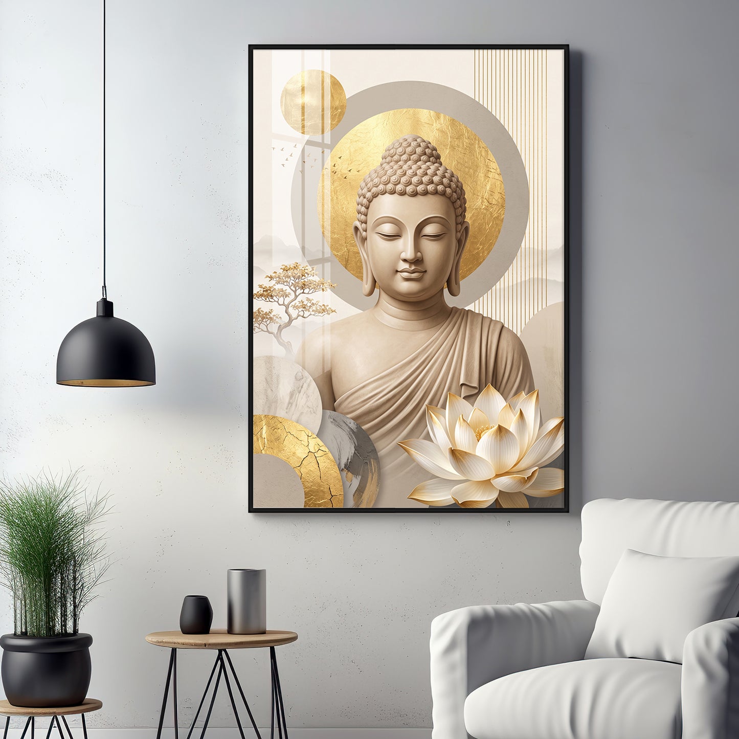 Tranquil Lord Buddha With Golden Halo & Lotus Abstract Premium Acrylic Wall art
