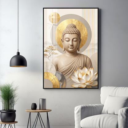 Tranquil Lord Buddha With Golden Halo & Lotus Abstract Premium Acrylic Wall art
