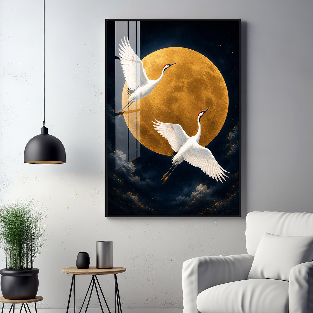 Golden Full Moon & Flying Cranes Premium Acrylic Vertical Wall Art