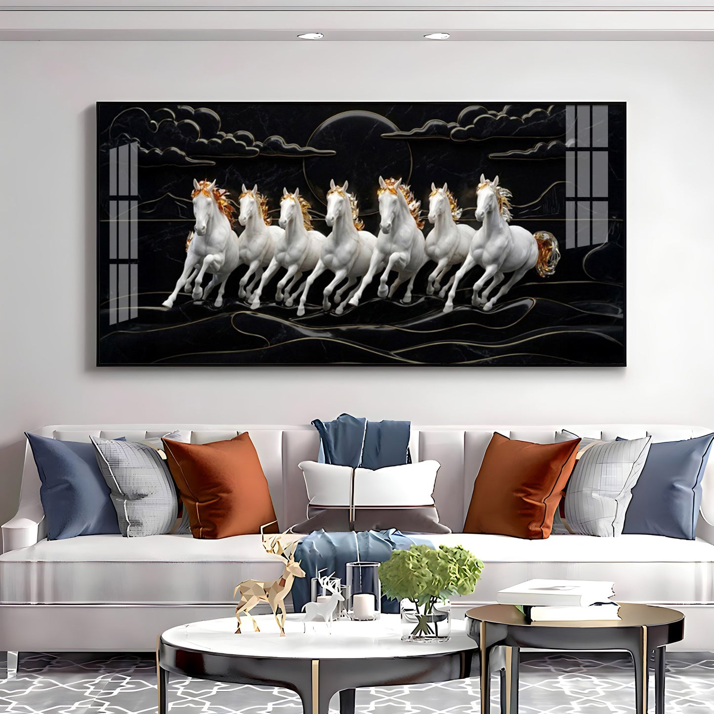 White Seven Horses in the Dark Premium Acrylic Horizontal Wall Art