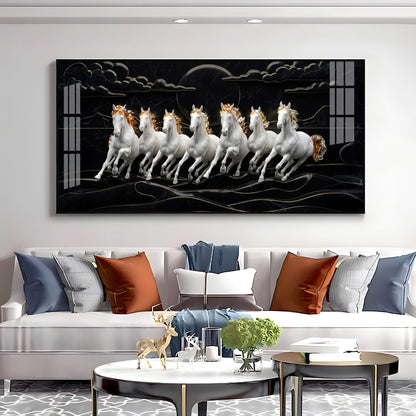White Seven Horses in the Dark Premium Acrylic Horizontal Wall Art