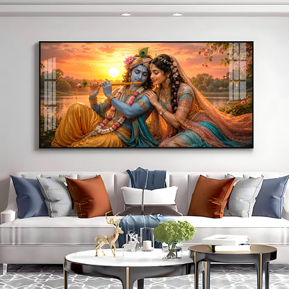Radha & Krishna Sitting Tranquil Lakeside Premium Acrylic Horizontal Wall Art
