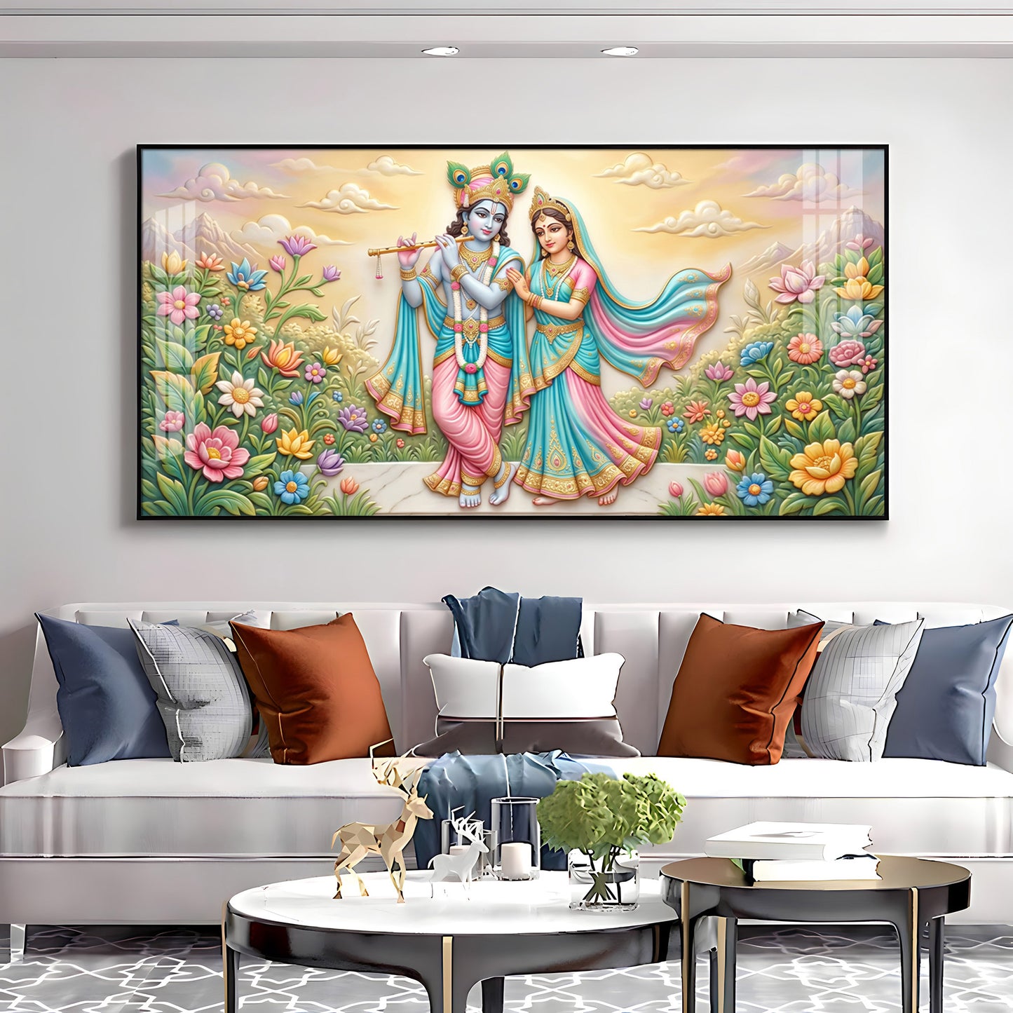 Krishna Playing The Flute Beside Radha Premium Acrylic Horizontal Wall Art