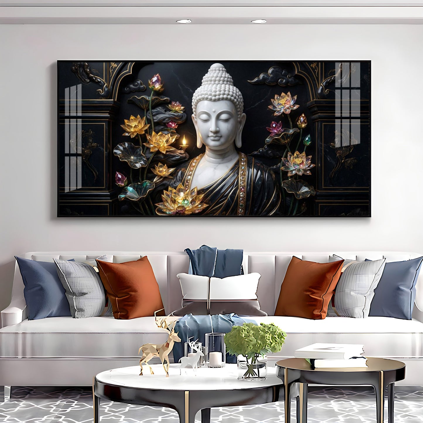 Buddha's Floral Embrace Premium Acrylic Horizontal Wall Art