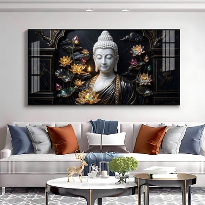Buddha's Floral Embrace Premium Acrylic Horizontal Wall Art