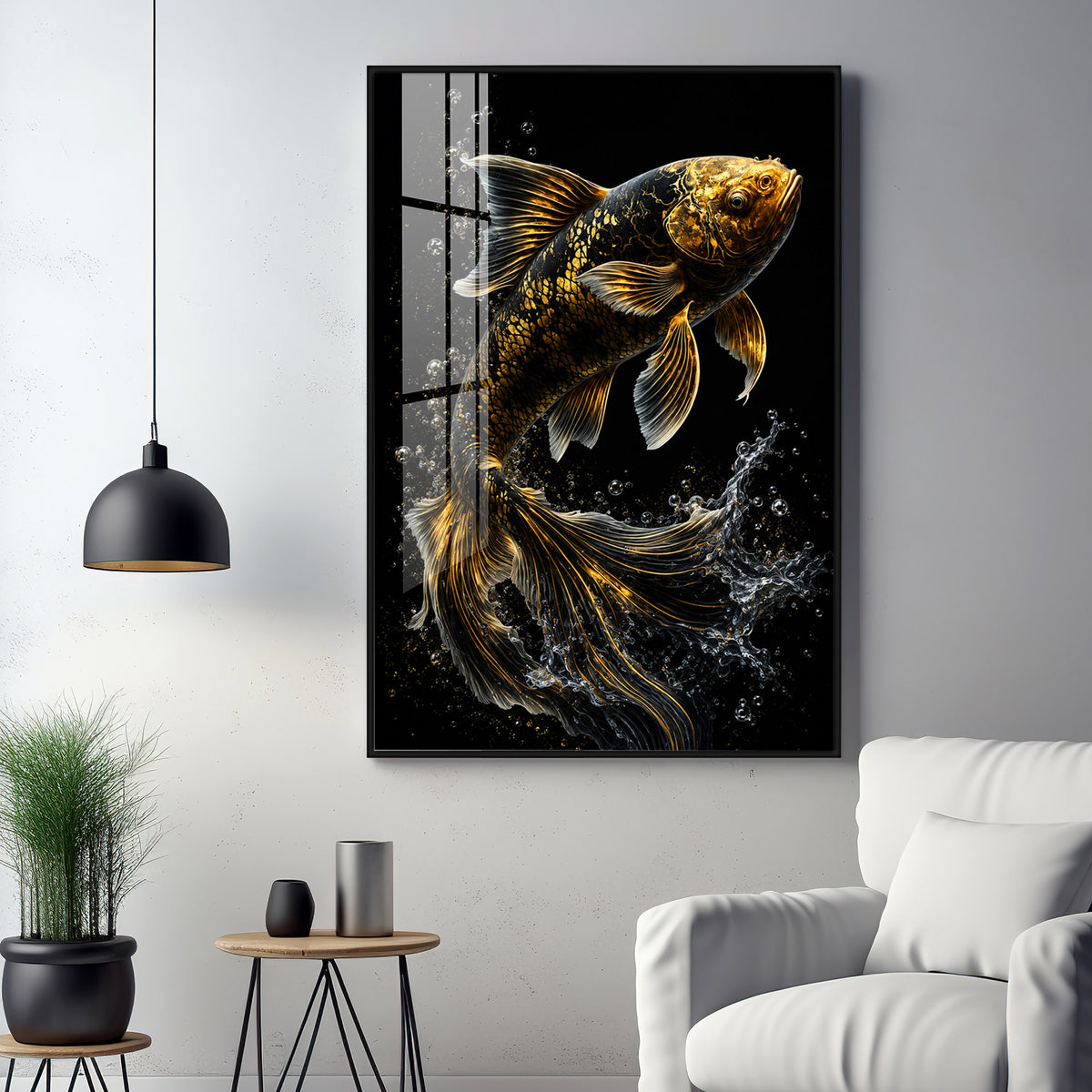 Golden Koi Splash Premium Acrylic Vertical Wall Art