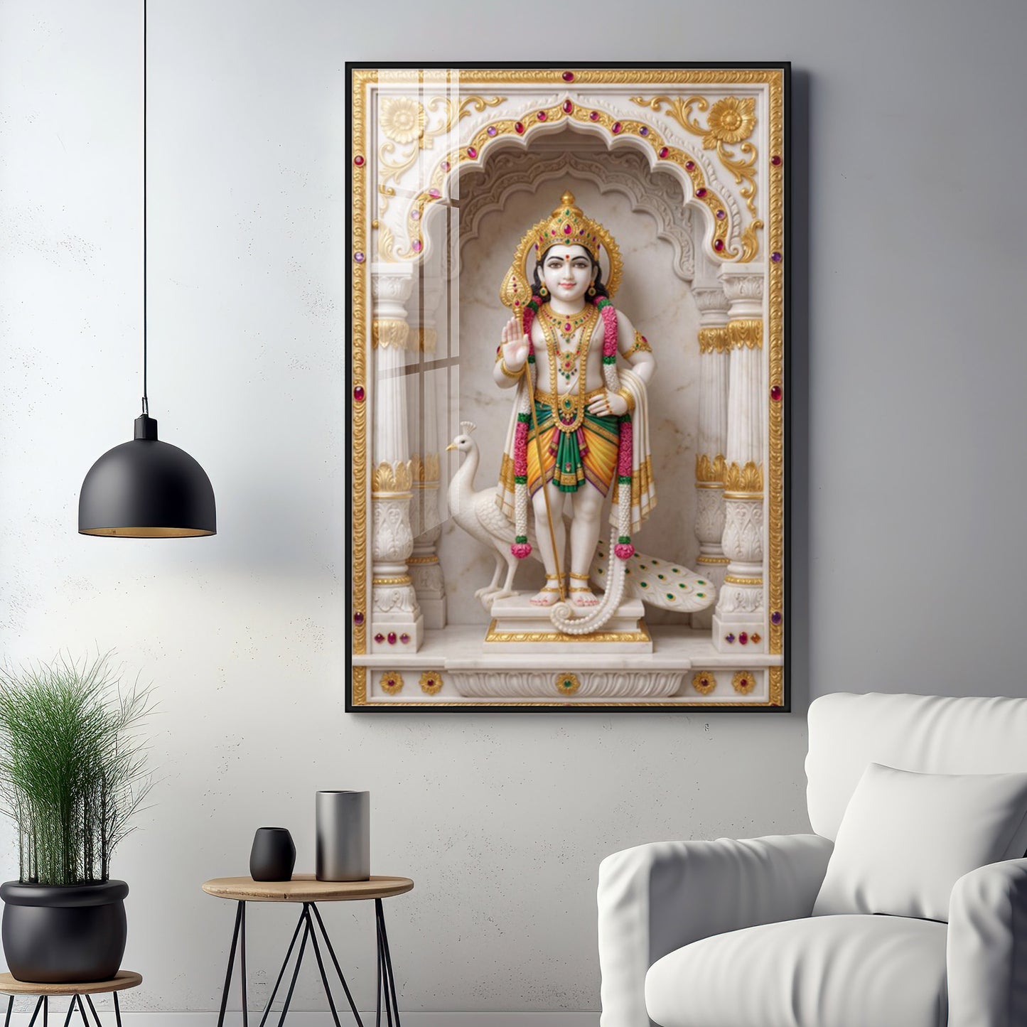 Lord Murugan With White Peacock Premium Acrylic Vertical Wall Art