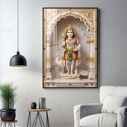 Lord Murugan With White Peacock Premium Acrylic Vertical Wall Art