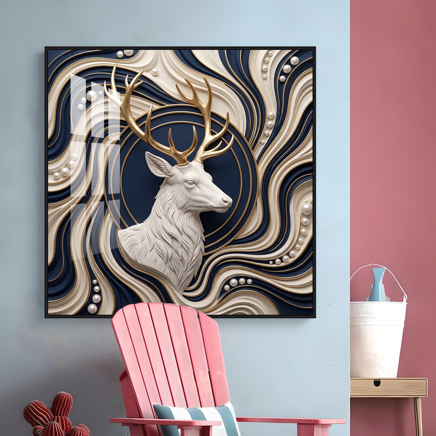White Stag With Golden Antlers Luxury 3D Premium Acrylic Sqaure Wall Art