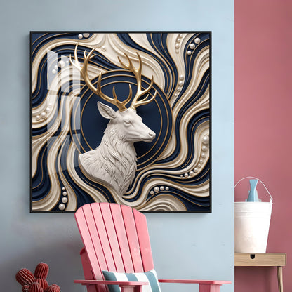 White Stag With Golden Antlers Luxury 3D Premium Acrylic Sqaure Wall Art