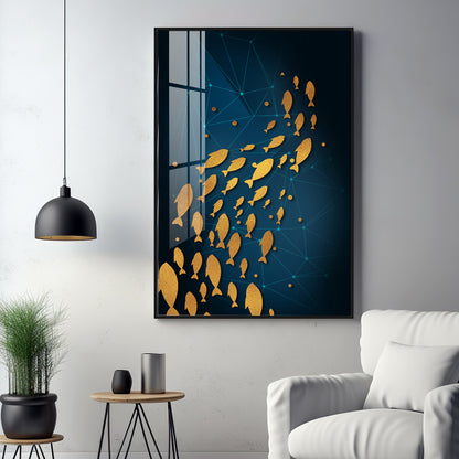 Beautiful Gold Fishes In Ocean Premium Acrylic Vertical Wall Art