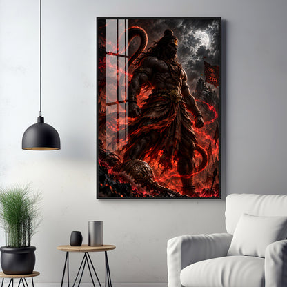 Hanuman in Red Glow Premium Acrylic Vertical Wall Art