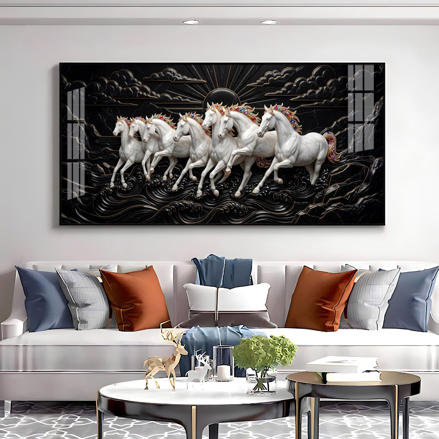 Pure Essence White Seven Horses Premium Acrylic Horizontal Wall Art