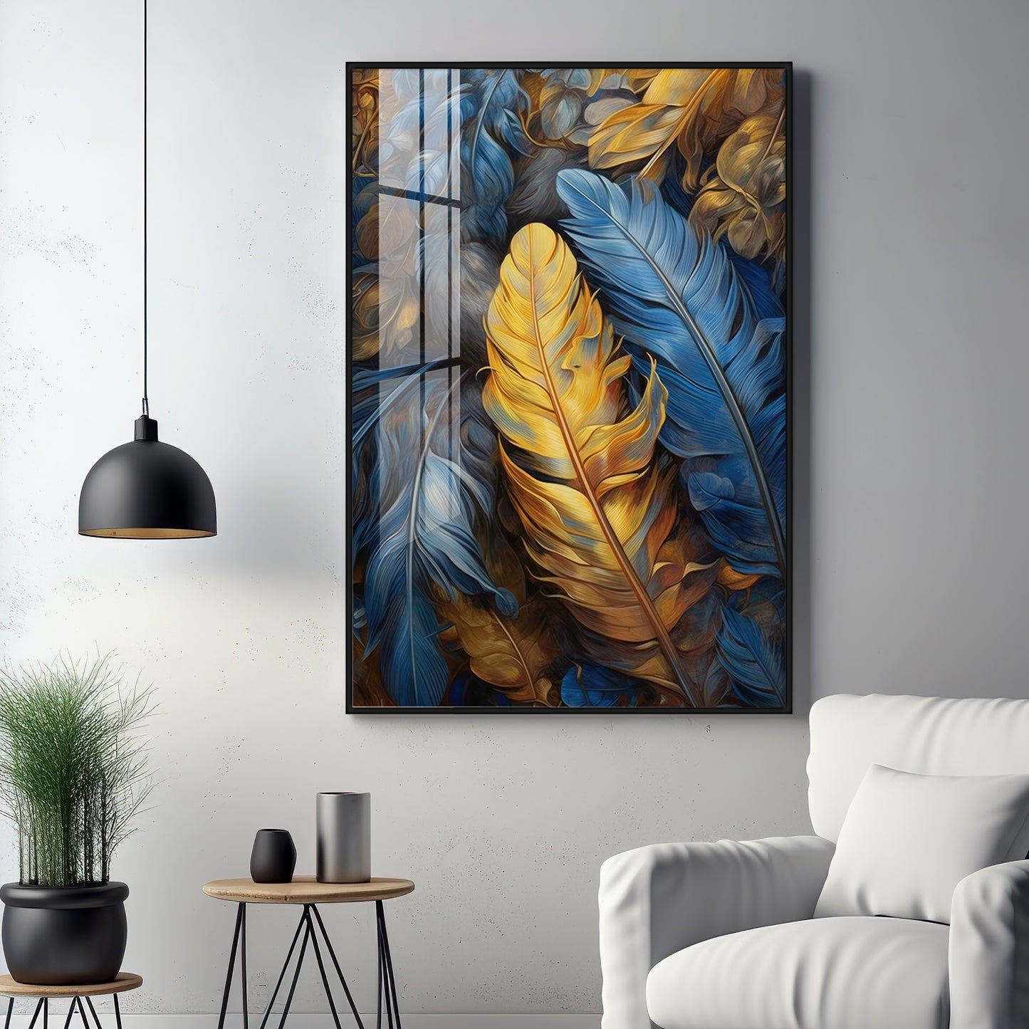 Blue & Yellow Feathers Premium Acrylic Vertical Wall Art
