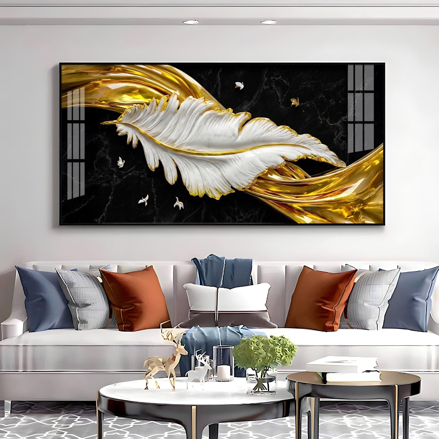 White & Gold Feather Premium Acrylic Horizontal Wall Art