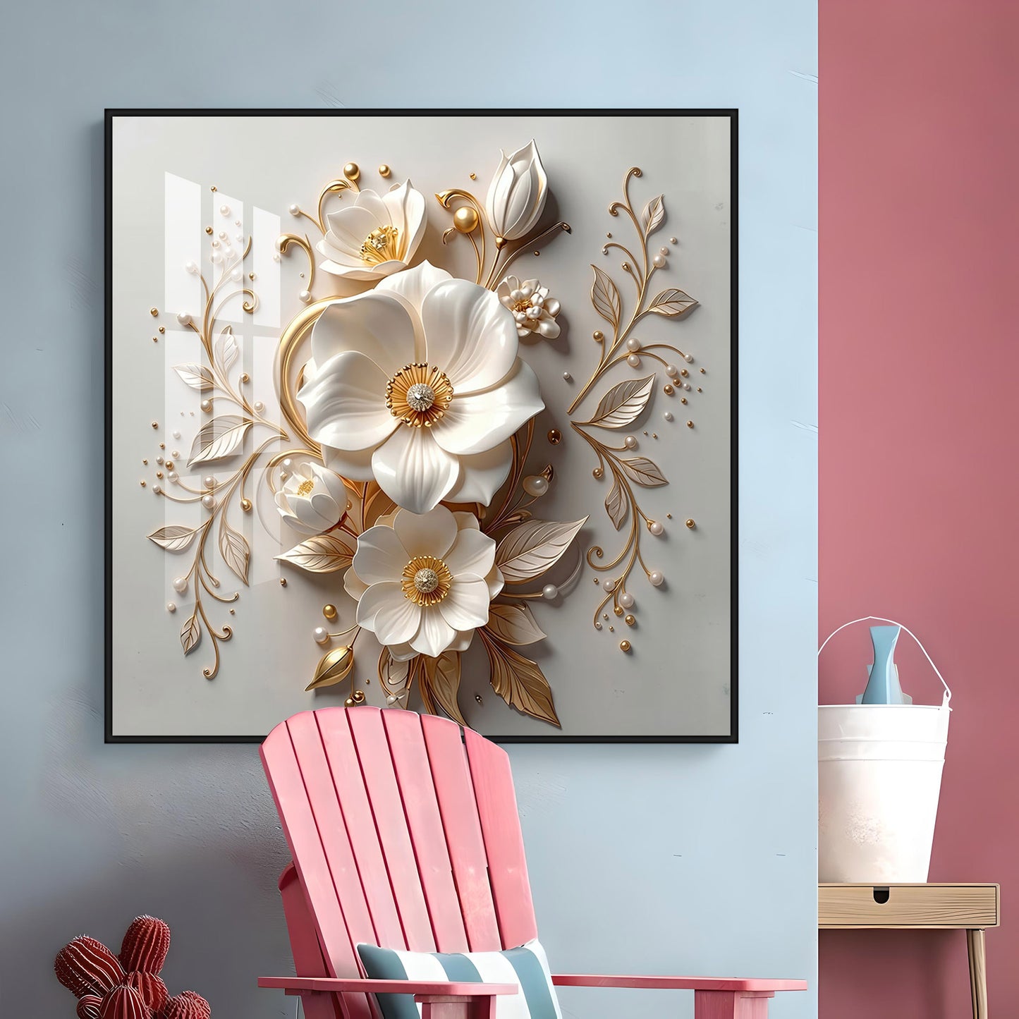 Elegant White Flowers With Gold Leaves Premium Acrylic Square Wall Art