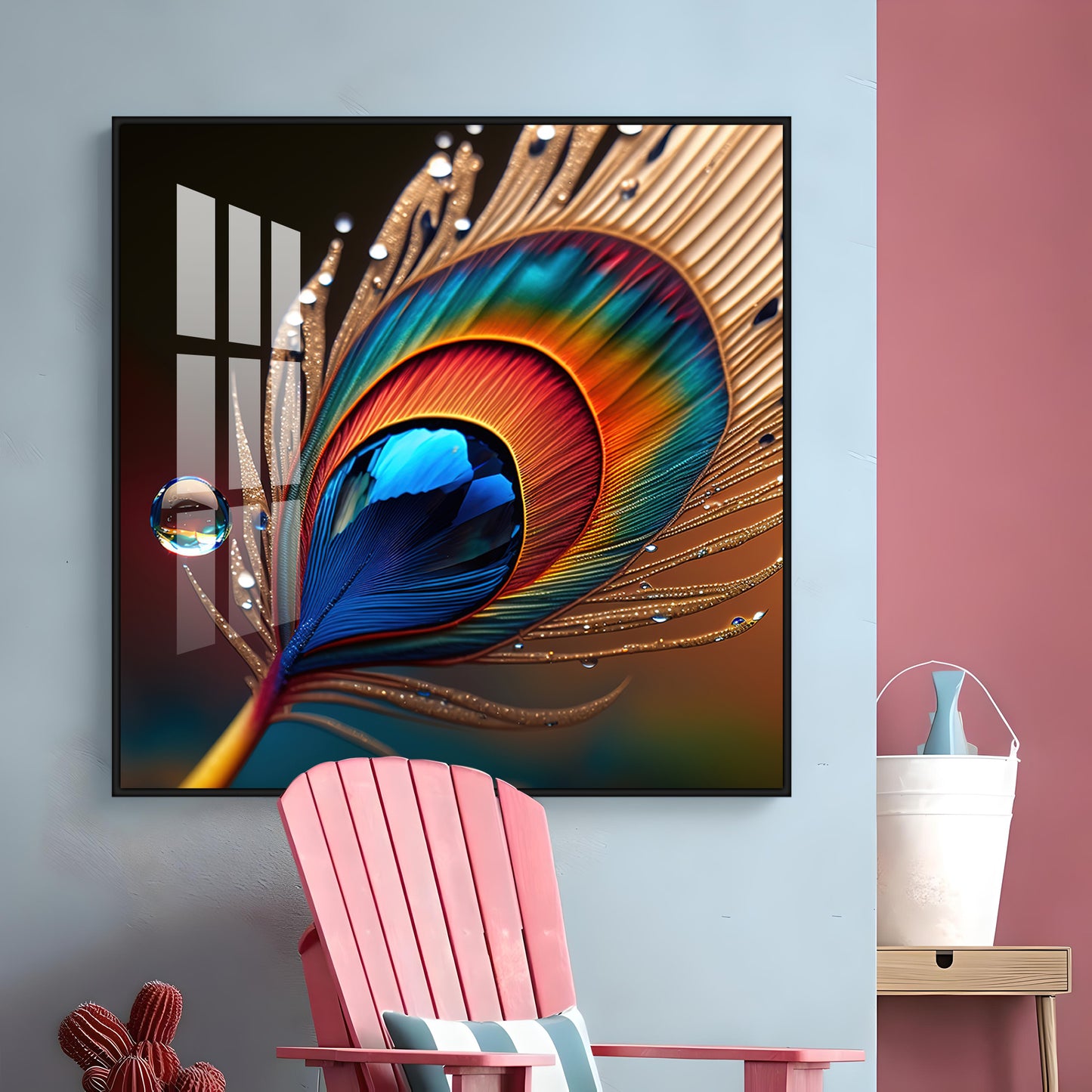 Vibrant Color Peacock Feather Premium Square Vertical Wall Art