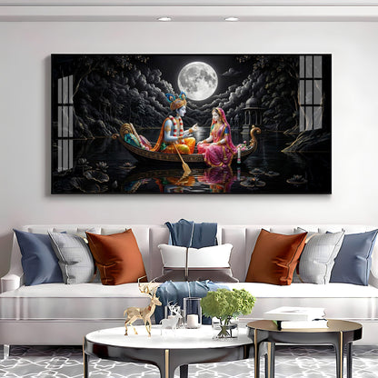 Radha & Krishna's Moonlit Journey Premium Acrylic Horizontal Wall Art