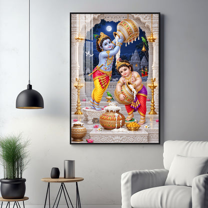 Little Krishna Balaram Makhan Chori Premium Acrylic Vertical Wall Art