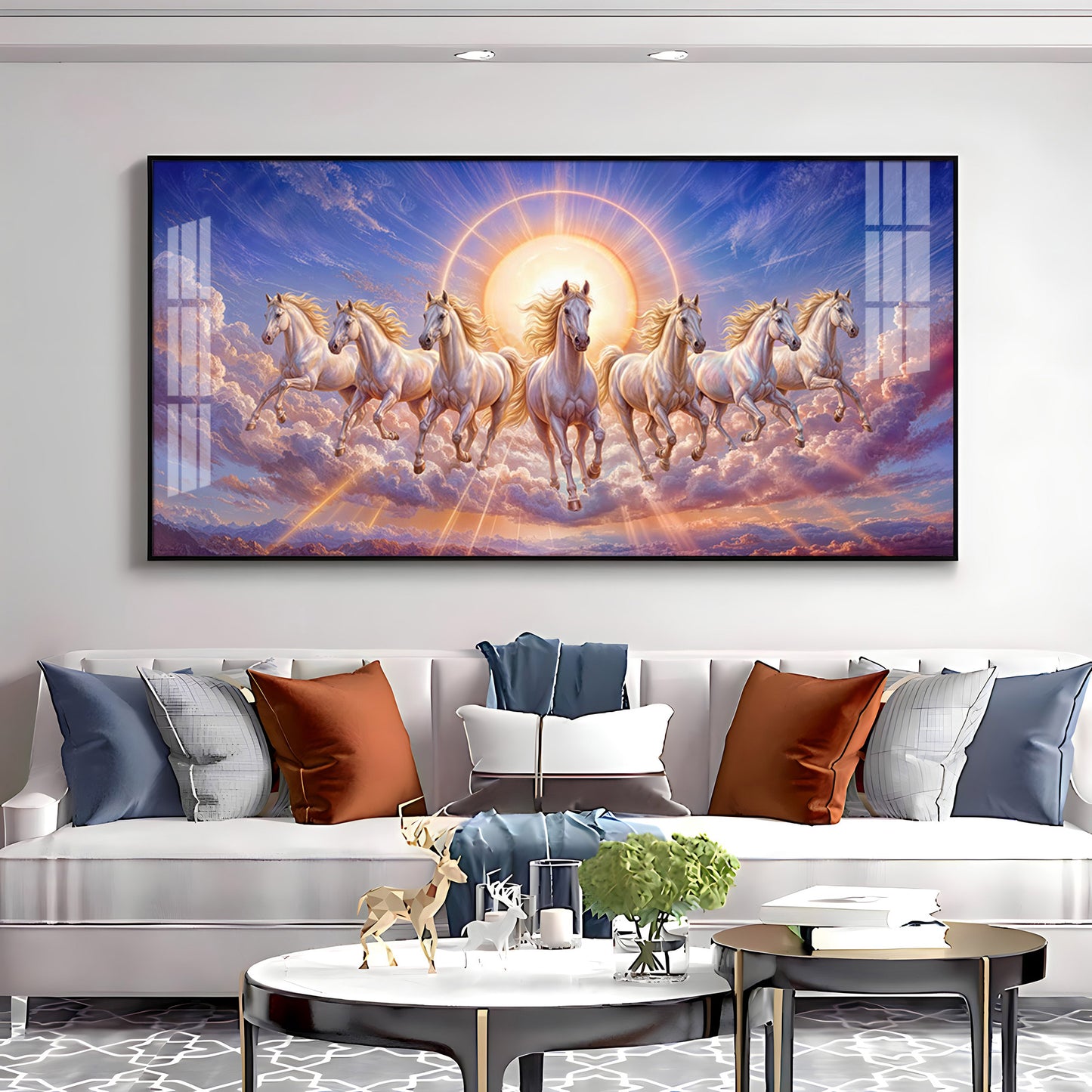 Seven Galloping White Horses Premium Acrylic Horizontal Wall Art