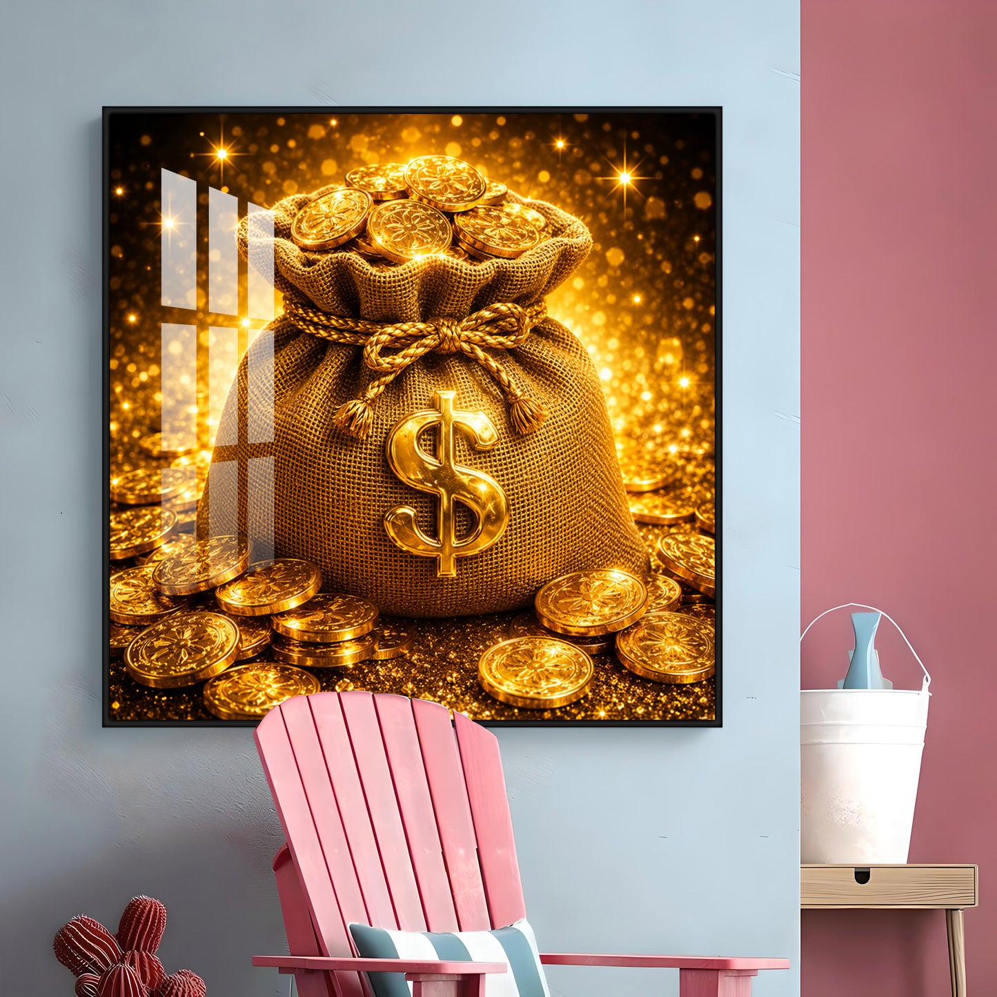 Golden Money Bag Premium Acrylic Square Wall Art