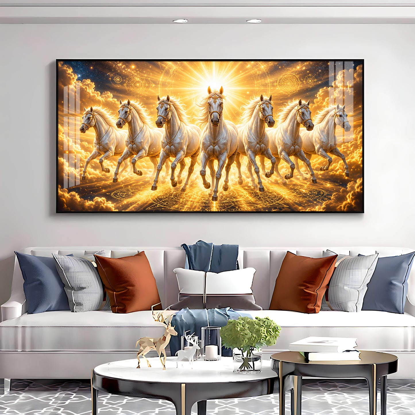 Beautiful Seven White Horses Premium Acrylic Horizontal Wall Art