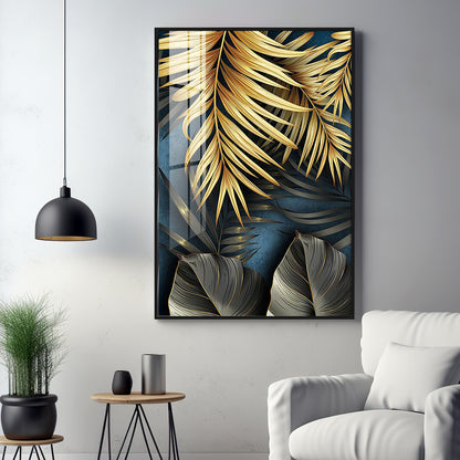 Tropical Golden Leafs Premium Acrylic Vertical Wall Art