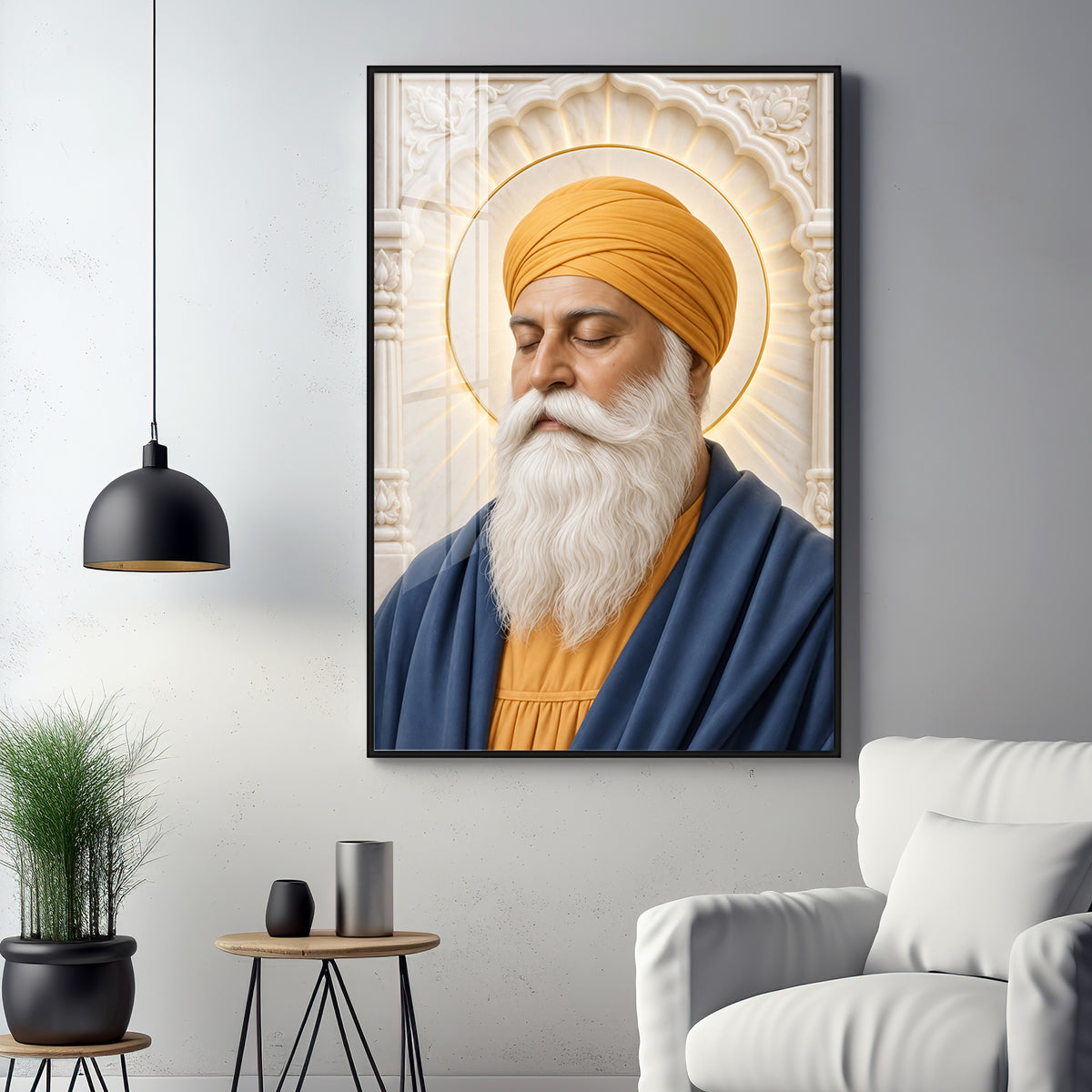 Guru Nanak Devji in Yellow Turban Premium Acrylic Vertical Wall Art