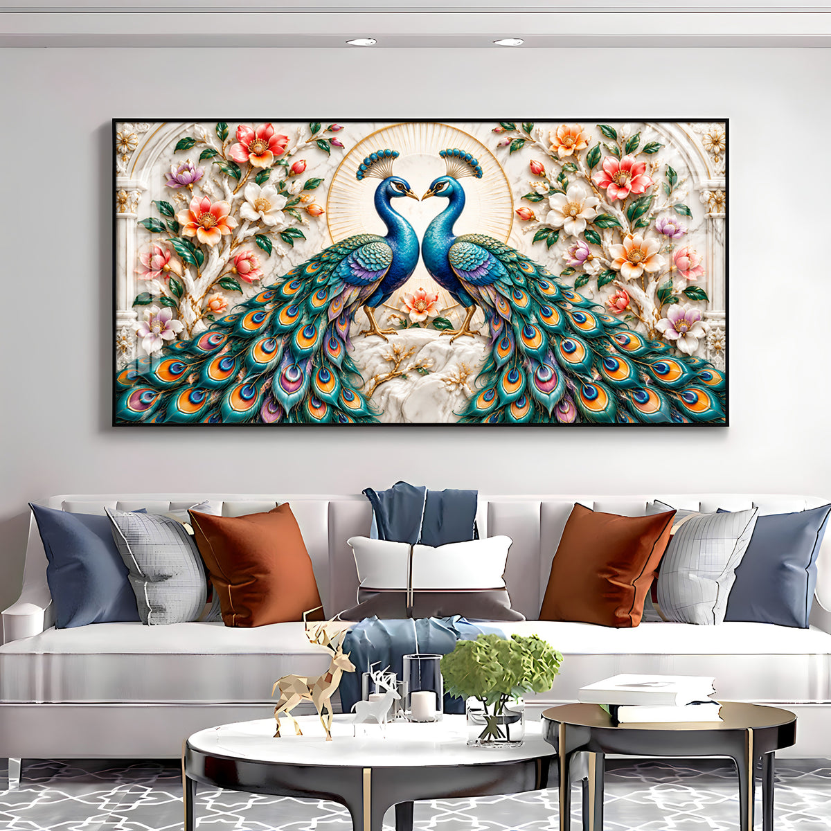 Dual Peacock Floral Premium Acrylic Horizontal Wall Art