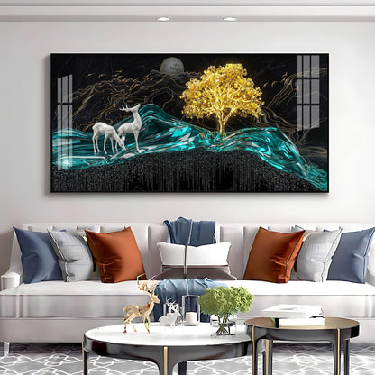 Deer With Golden Tree Harmony Premium Acrylic Horizontal Wall Art