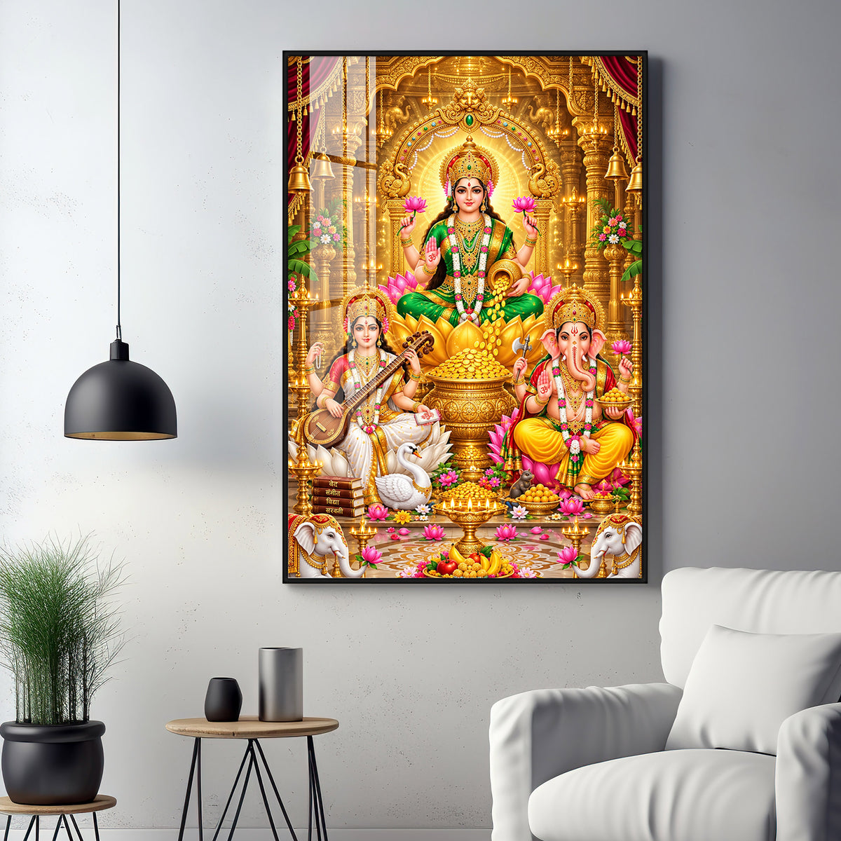 Divine Maa Laxmi, Maa Saraswati & Ganesh Ji Premium Acrylic Vertical Wall Art