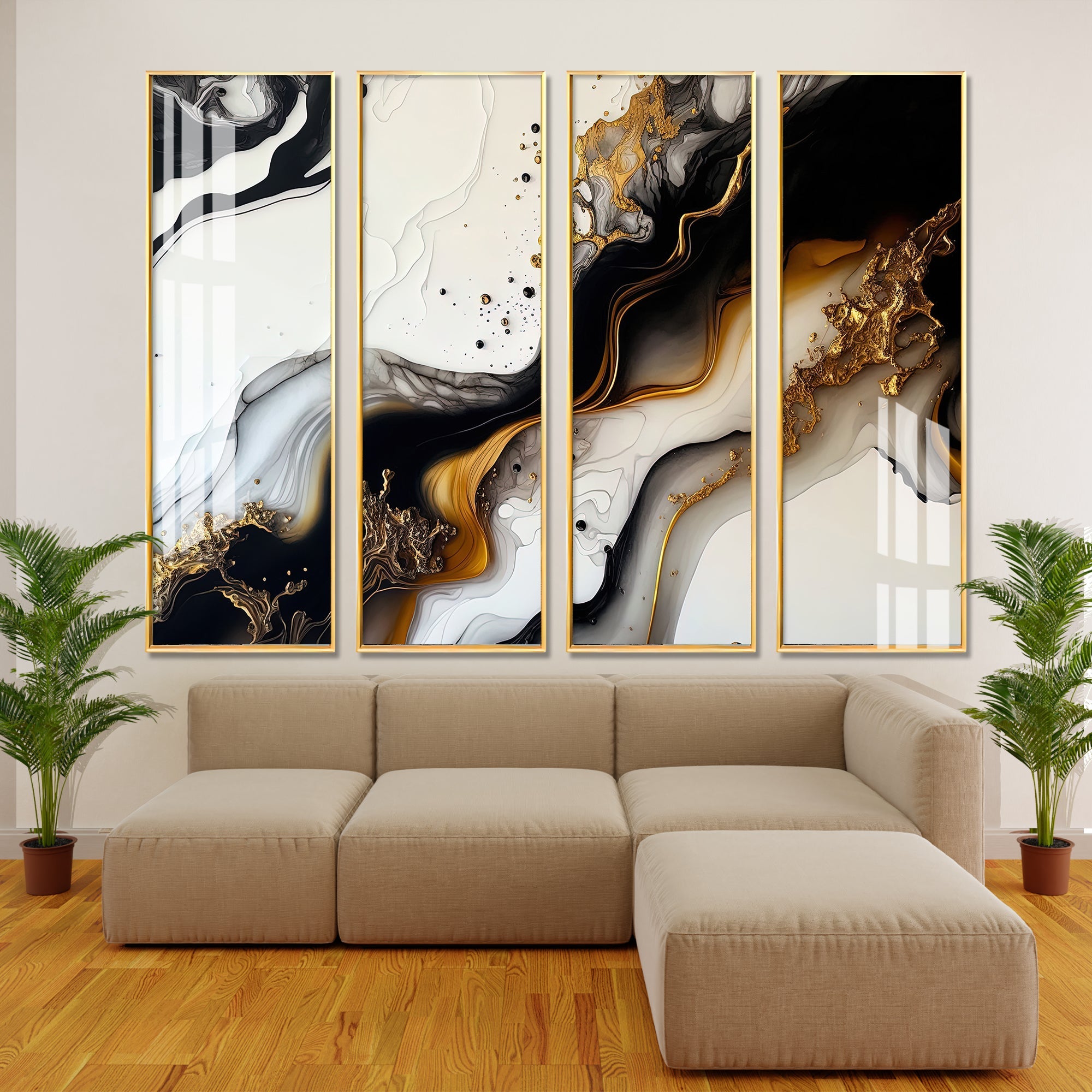Black & Golden Splash Premium Acrylic Vertical Wall Art (set of 4) - The Next Decor