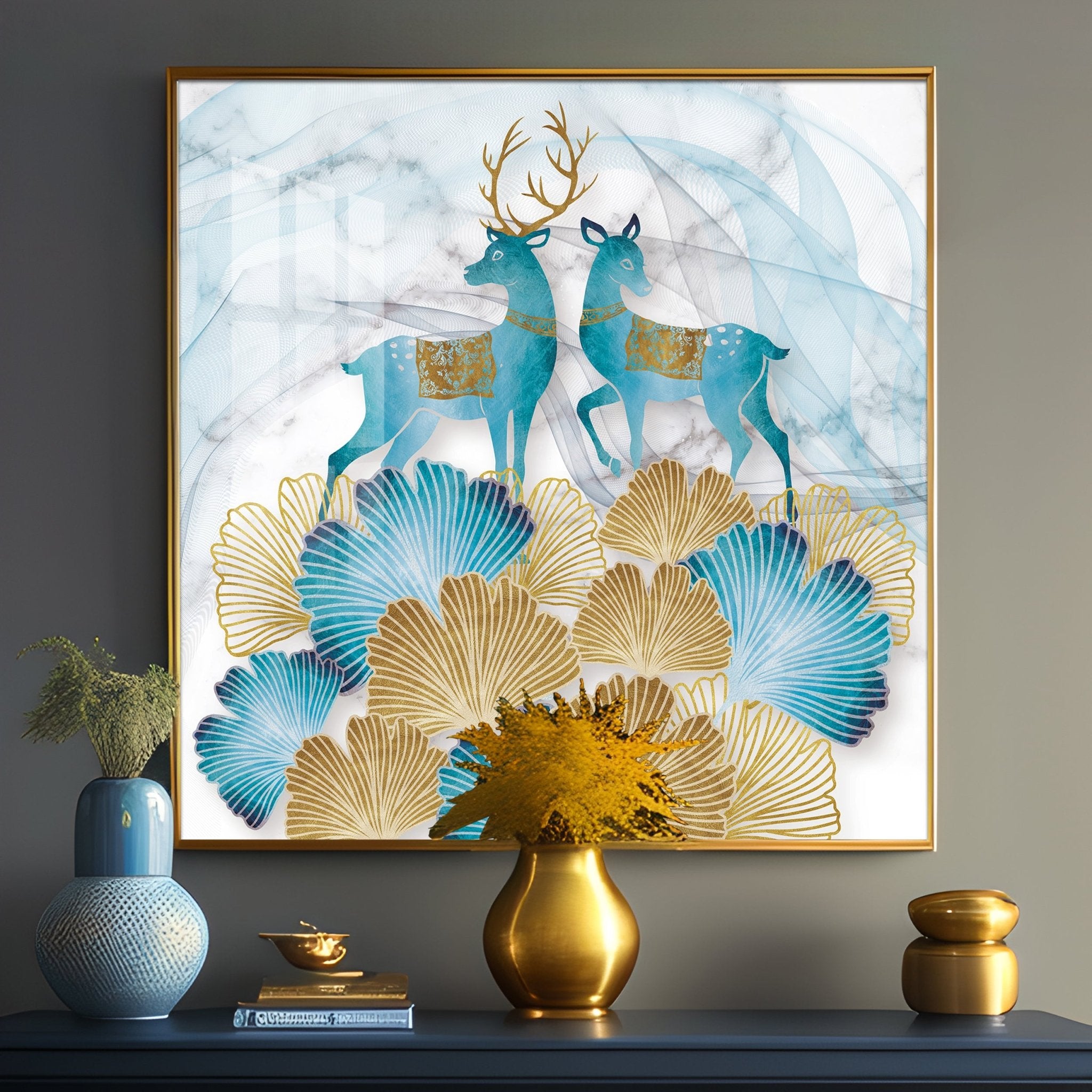Blue Deer With Ginkgo Leaf Premium Acrylic Square Wall Art - The Next Decor