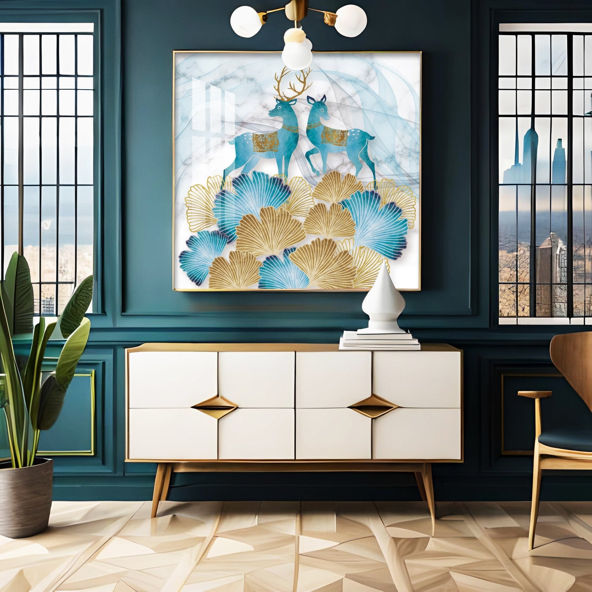 Blue Deer With Ginkgo Leaf Premium Acrylic Square Wall Art - The Next Decor