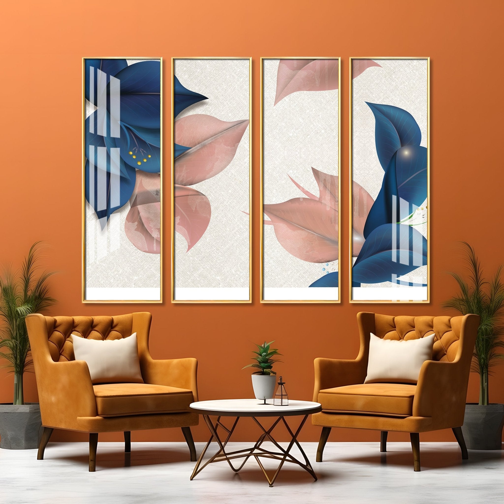 Blue & Peach Flowers Premium Acrylic Vertical Wall Art (set of 4) - The Next Decor
