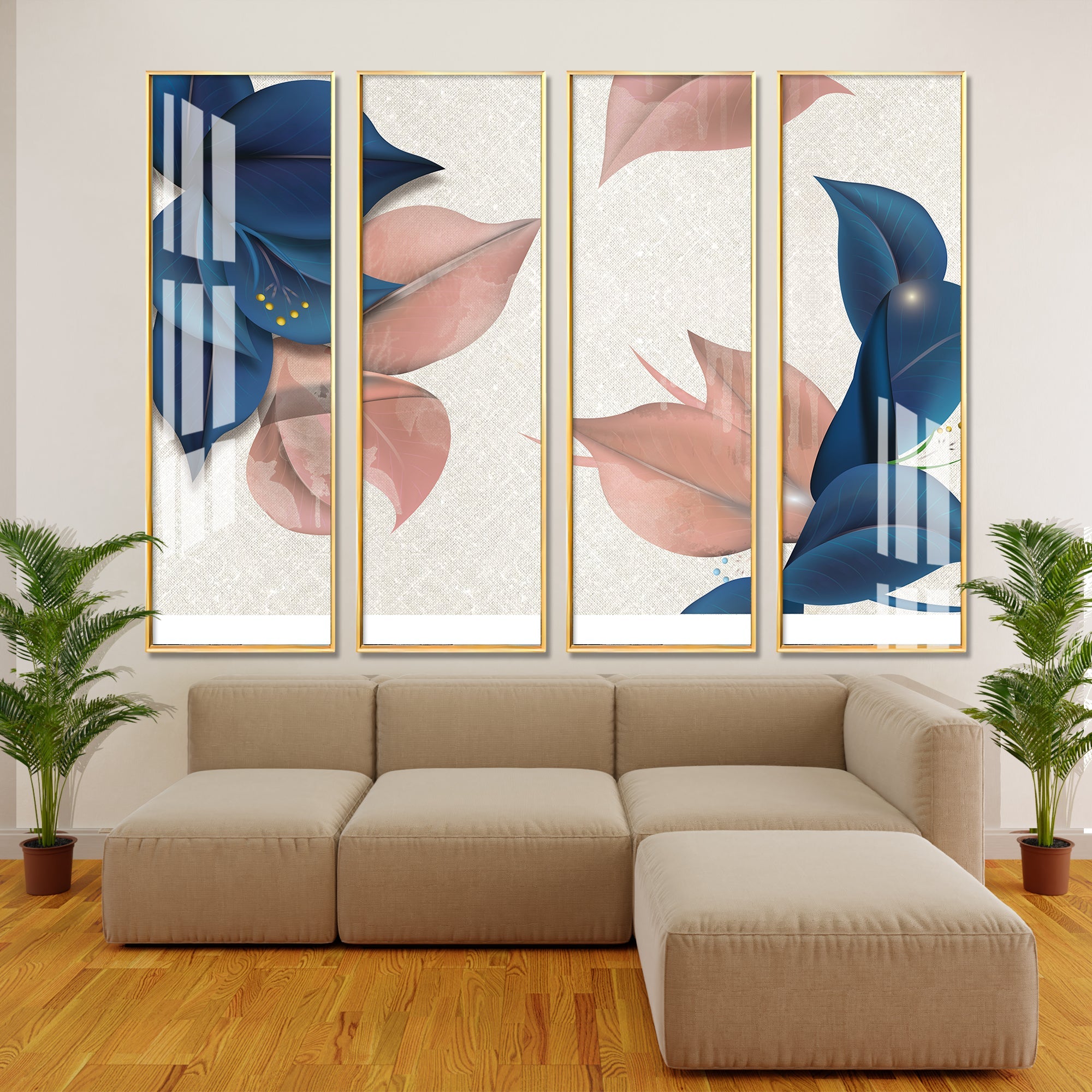 Blue & Peach Flowers Premium Acrylic Vertical Wall Art (set of 4) - The Next Decor