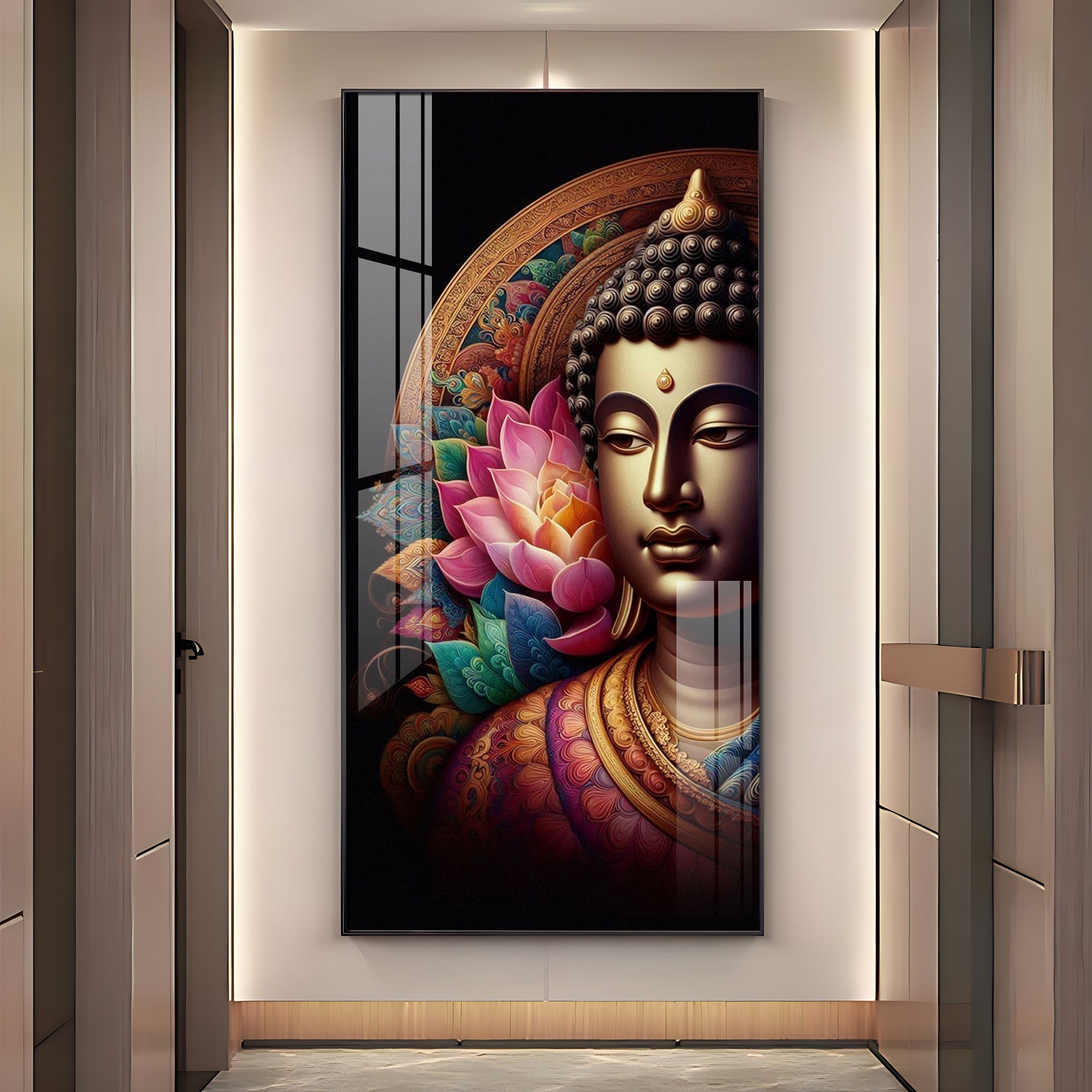 Buddha With Multicolor Lotus Petal Premium Acrylic Wall Art - The Next Decor